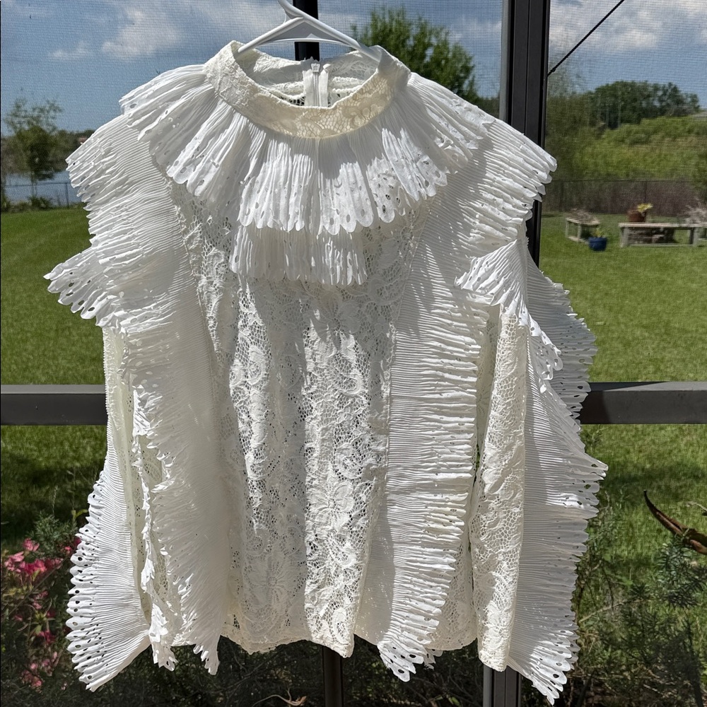 Women's Ivory Lace Ruffle High-Neck Blouse
